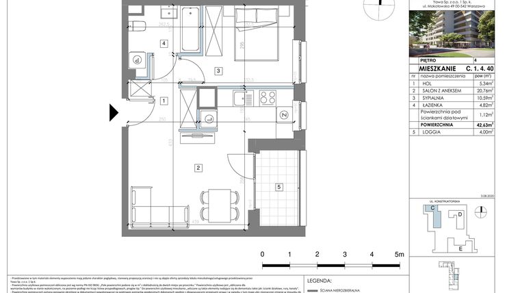 Rzut - Mieszkanie na sprzedaż 2 pokoje o powierzchni 42,63 m² - numer C.1.4.40 w Pozytywny Mokotów