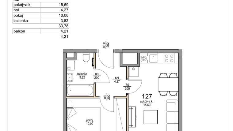 Rzut - Mieszkanie na sprzedaż 2 pokoje o powierzchni 33,78 m² - numer 127 w Rezydencja Liwska 3