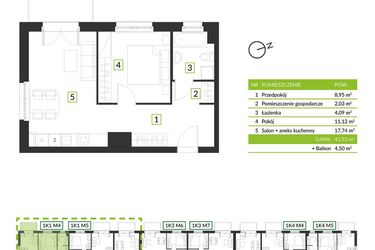 Rzut - Mieszkanie na sprzedaż 2 pokoje o powierzchni 43,93 m² - numer 1K1 M4 w Osiedle Krzeptów przy lesie