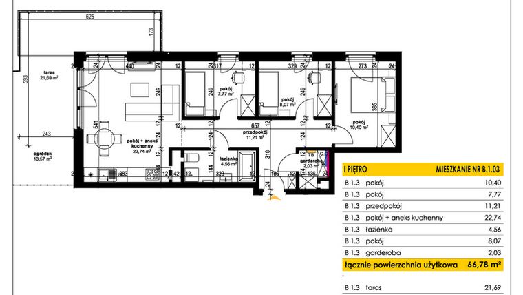 Rzut - Mieszkanie na sprzedaż 4 pokoje o powierzchni 66,34 m² - numer B 1.03 w Park Moniuszki II C