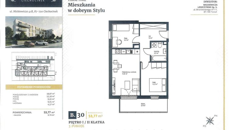 Rzut - Mieszkanie na sprzedaż 3 pokoje o powierzchni 53,77 m² - numer B30 w Mickiewicza