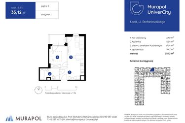 Rzut - Mieszkanie na sprzedaż 1 pokój o powierzchni 35,12 m² - numer 1.B.5.13 w Murapol UniverCity