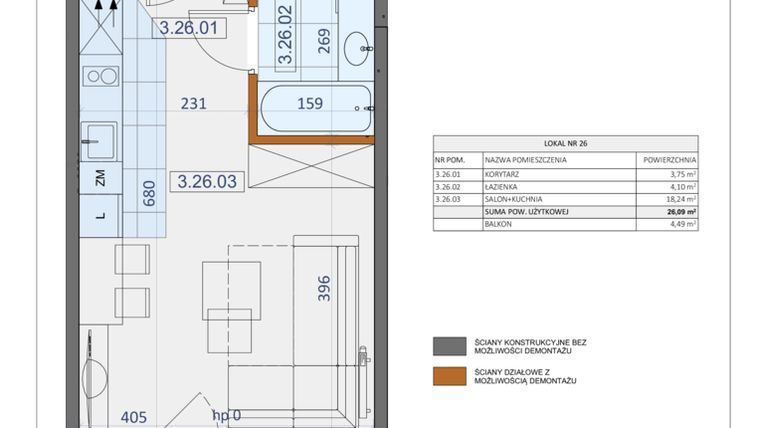 Rzut - Mieszkanie na sprzedaż 1 pokój o powierzchni 26,09 m² - numer 26 w Osiedle Zycha