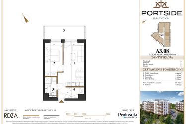Rzut - Mieszkanie na sprzedaż 2 pokoje o powierzchni 39,48 m² - numer A3.08 w Portside Bałtycka
