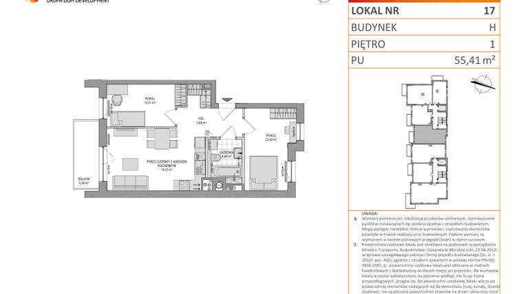 Rzut - Mieszkanie na sprzedaż 3 pokoje o powierzchni 55,41 m² - numer 1_3_H_MK_17 w WIDOKI etap III