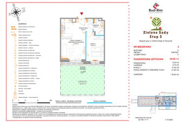 Rzut - Mieszkanie na sprzedaż 2 pokoje o powierzchni 43,2 m² - numer 2 w Zielone Sady etap III