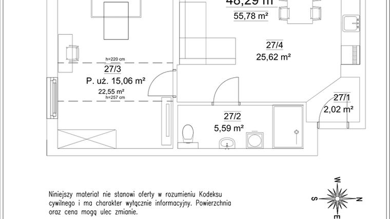 Rzut - Mieszkanie na sprzedaż 3 pokoje o powierzchni 48,29 m² - numer B2.27 w Osiedle Versus