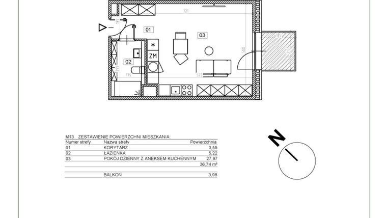 Rzut - Mieszkanie na sprzedaż 1 pokój o powierzchni 36,67 m² - numer J.M13 w Osiedle Glivia Zachodnia