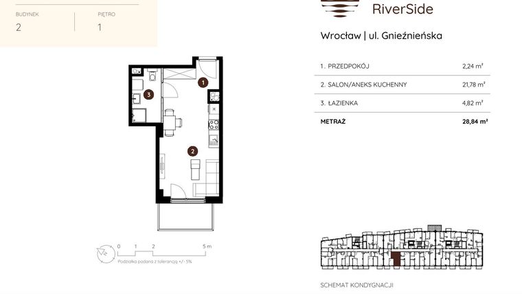 Rzut - Mieszkanie na sprzedaż 1 pokój o powierzchni 28,84 m² - numer 2.A.1.06 w Murapol RiverSide