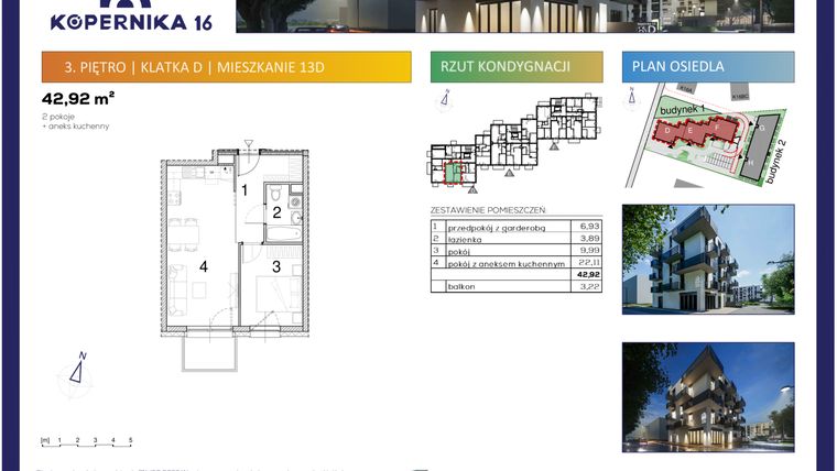 Rzut - Mieszkanie na sprzedaż 2 pokoje o powierzchni 42,92 m² - numer D13 w Kopernika Szesnaście
