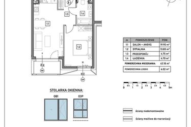 Rzut - Mieszkanie na sprzedaż 2 pokoje o powierzchni 43,18 m² - numer B.2.1 w GreenLine