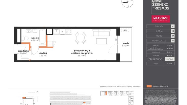 Rzut - Mieszkanie na sprzedaż 1 pokój o powierzchni 36,74 m² - numer C-04-22-K5 w Nowe Żerniki to KOSMOS