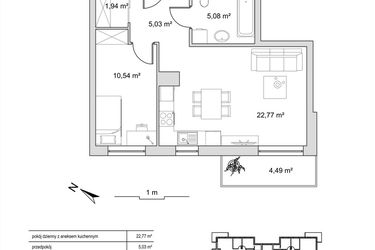 Rzut - Mieszkanie na sprzedaż 2 pokoje o powierzchni 45,36 m² - numer 6.4 w Vela Park bud. 6