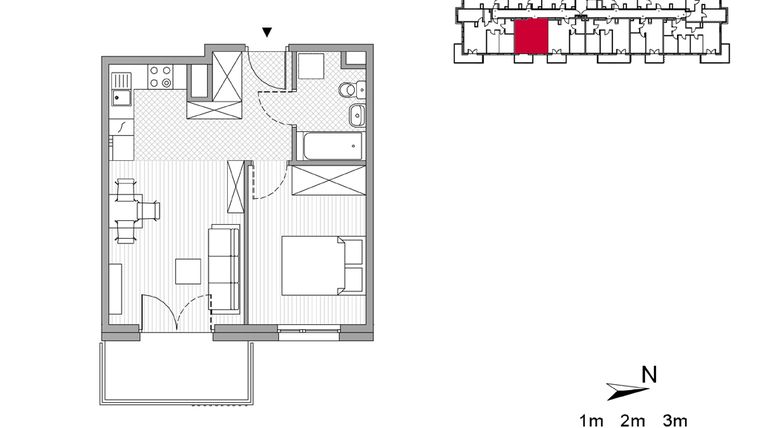 Rzut - Mieszkanie na sprzedaż 2 pokoje o powierzchni 36,85 m² - numer 43 w ul. Powstańców/os. Piastów bud. F