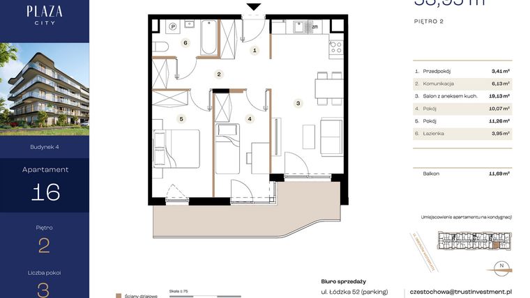 Rzut - Mieszkanie na sprzedaż 3 pokoje o powierzchni 53,95 m² - numer B4M16 w Plaza City