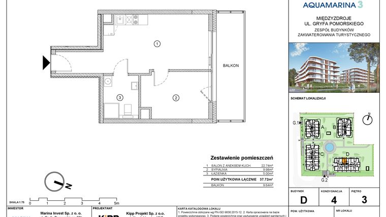 Rzut - Mieszkanie na sprzedaż 2 pokoje o powierzchni 37,72 m² - numer D4.05 w Aquamarina 3