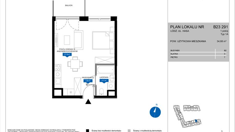 Rzut - Mieszkanie na sprzedaż 1 pokój o powierzchni 34,68 m² - numer B23 291 w Flow - bud. B2 A i bud. B2 B