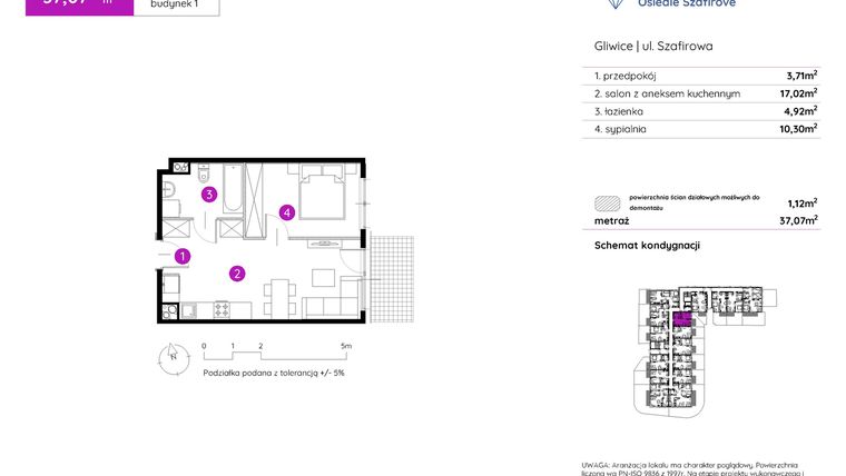 Rzut - Mieszkanie na sprzedaż 2 pokoje o powierzchni 37,07 m² - numer 1.A.0.01 w Murapol Osiedle Szafirove II