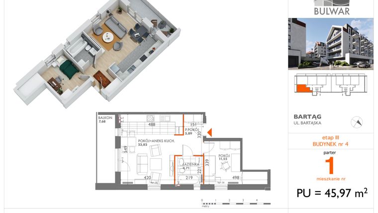 Rzut - Mieszkanie na sprzedaż 2 pokoje o powierzchni 45,97 m² - numer 1 w Osiedle Bulwar bud. 4