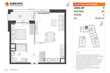 Rzut - Mieszkanie na sprzedaż 1 pokój o powierzchni 41,91 m² - numer B1.9 w Zajezdnia Motława