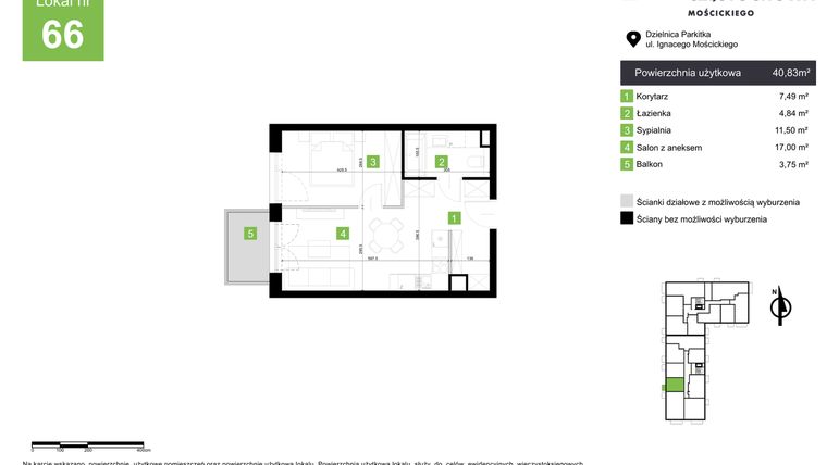 Rzut - Mieszkanie na sprzedaż 2 pokoje o powierzchni 40,83 m² - numer M66 w Nowa Częstochowa Mościckiego