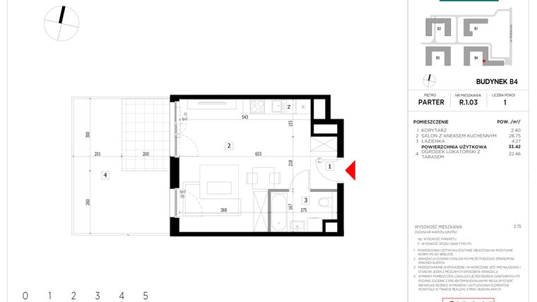 Rzut - Mieszkanie na sprzedaż 1 pokój o powierzchni 33,42 m² - numer R.1.03 w CityFlow etap II