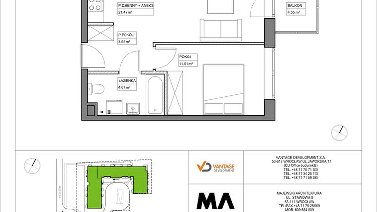 Rzut - Mieszkanie na sprzedaż 2 pokoje o powierzchni 40,68 m² - numer PT/C/3/4 w Przystanek Tarnogaj
