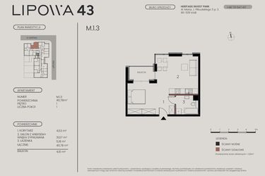 Rzut - Mieszkanie na sprzedaż 1 pokój o powierzchni 40,78 m² - numer M.1.3 w Lipowa 43