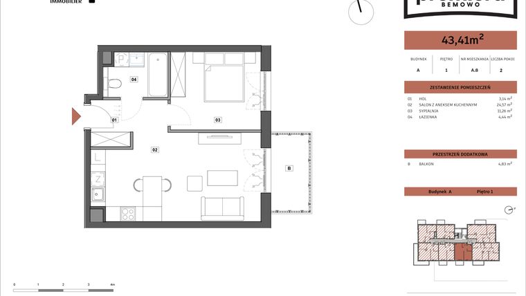 Rzut - Mieszkanie na sprzedaż 1 pokój o powierzchni 43,41 m² - numer A.08 w Premiera Bemowo