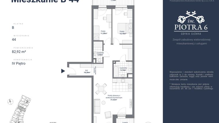 Rzut - Mieszkanie na sprzedaż 3 pokoje o powierzchni 82,92 m² - numer B44 w Św. Piotra