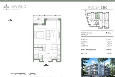 Rzut - Mieszkanie na sprzedaż 2 pokoje o powierzchni 39,72 m² - numer 3.4 w Mio Pino