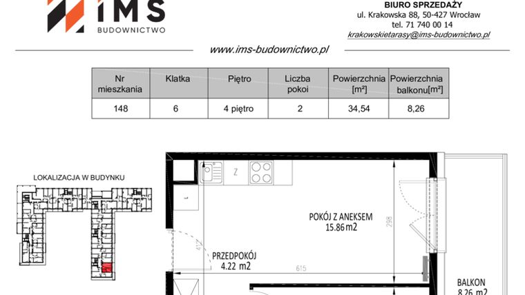 Rzut - Mieszkanie na sprzedaż 2 pokoje o powierzchni 34,52 m² - numer 148 w Krakowskie Tarasy etap V