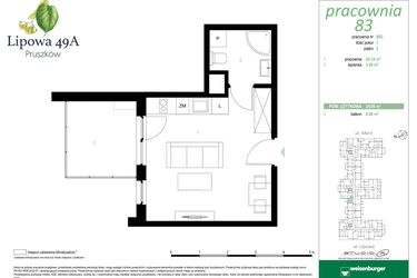 Rzut - Mieszkanie na sprzedaż 1 pokój o powierzchni 24,05 m² - numer 83B w Lipowa 49A - Apartamenty inwestycyjne