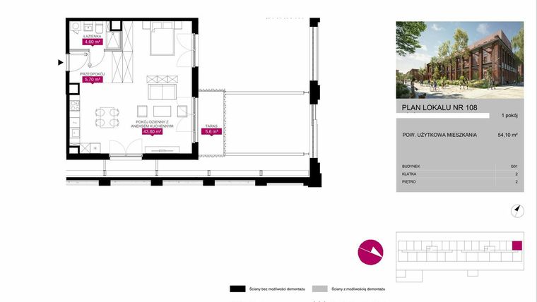 Rzut - Mieszkanie na sprzedaż 1 pokój o powierzchni 53,88 m² - numer G1.108 w Fuzja Mieszkania Loftowe
