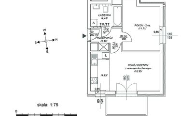 Rzut - Mieszkanie na sprzedaż 2 pokoje o powierzchni 37,98 m² - numer M57 w Osiedle Mała Dziesiąta etap II
