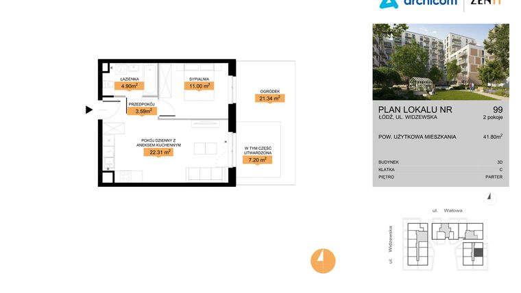 Rzut - Mieszkanie na sprzedaż 2 pokoje o powierzchni 41,8 m² - numer 3D.99 w Zenit III