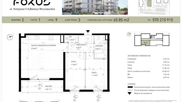 Rzut - Mieszkanie na sprzedaż 3 pokoje o powierzchni 65,85 m² - numer B2-9 w Fokus Bielany