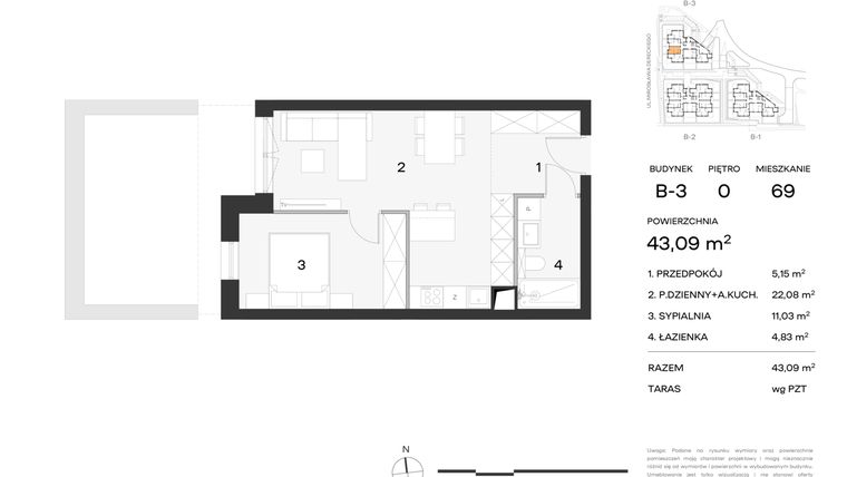 Rzut - Mieszkanie na sprzedaż 2 pokoje o powierzchni 43,09 m² - numer 69 w Koncertowa Dolina