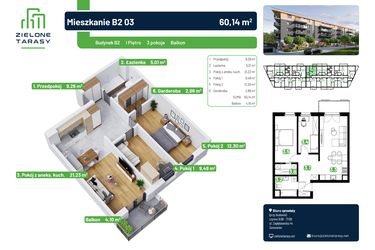 Rzut - Mieszkanie na sprzedaż 3 pokoje o powierzchni 60,14 m² - numer B2.03 w Zielone Tarasy