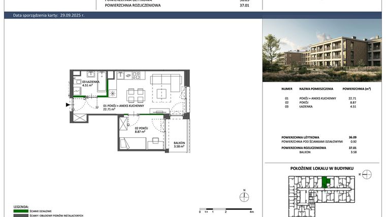 Rzut - Mieszkanie na sprzedaż 2 pokoje o powierzchni 36,09 m² - numer B-21 w Hillence etap 2
