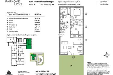 Rzut - Mieszkanie na sprzedaż 3 pokoje o powierzchni 62,1 m² - numer A.1 w Parkove Love
