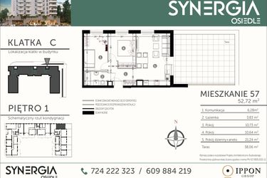 Rzut - Mieszkanie na sprzedaż 3 pokoje o powierzchni 52,72 m² - numer M57 w SYNERGIA