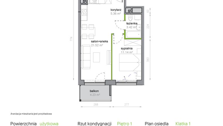 Rzut - Mieszkanie na sprzedaż 2 pokoje o powierzchni 41,44 m² - numer K1/1/02 w Piękna Vita