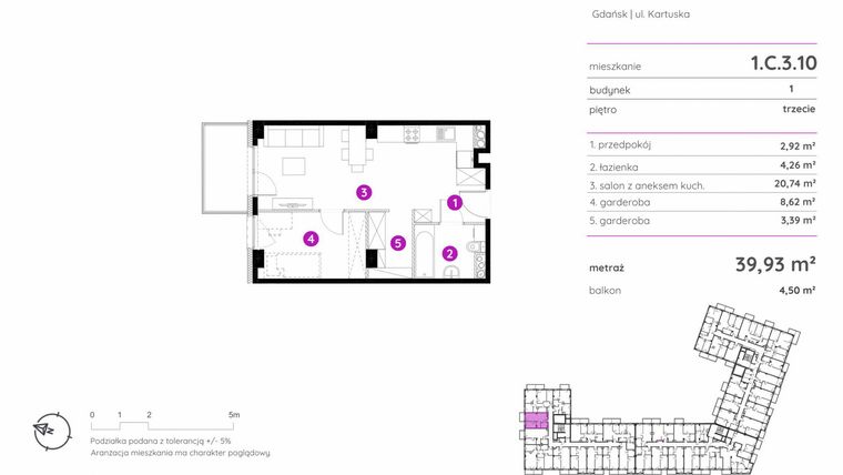 Rzut - Mieszkanie na sprzedaż 1 pokój o powierzchni 39,93 m² - numer 1.C.3.10 w Murapol Scarpa