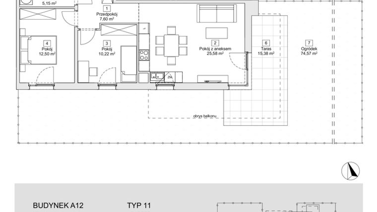 Rzut - Mieszkanie na sprzedaż 3 pokoje o powierzchni 61,05 m² - numer A12.0.2 w Zacisze Marcelin IIIa