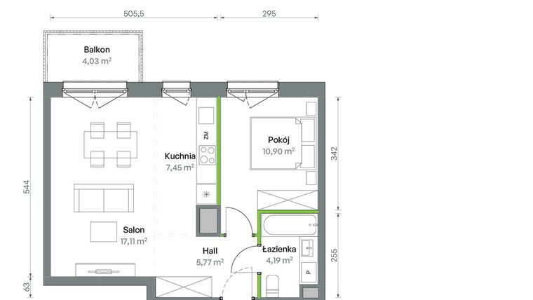 Rzut - Mieszkanie na sprzedaż 2 pokoje o powierzchni 45,42 m² - numer 1/A/2/49 w Oliwska Vita