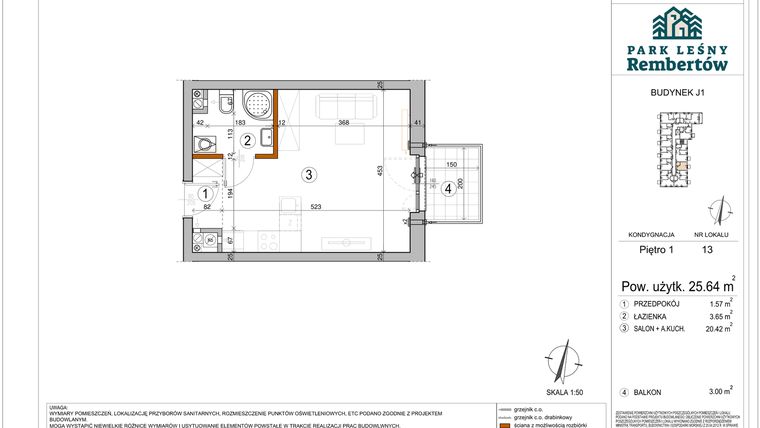 Rzut - Mieszkanie na sprzedaż 1 pokój o powierzchni 25,64 m² - numer J1-13 w Park Leśny Rembertów etap VIII