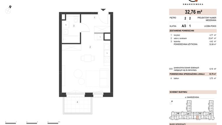 Rzut - Mieszkanie na sprzedaż 1 pokój o powierzchni 32,76 m² - numer A/3/2.2 w Smardzewska 8