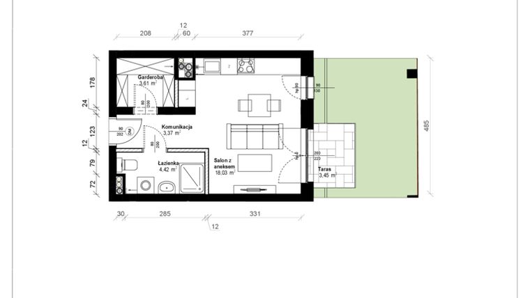 Rzut - Mieszkanie na sprzedaż 1 pokój o powierzchni 29,89 m² - numer B.0.09.1k w ATRIUM