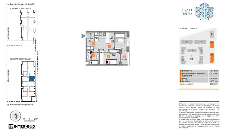 Rzut - Mieszkanie na sprzedaż 2 pokoje o powierzchni 36,96 m² - numer 86.55 w Piasta Towers bud. 86 i 86A
